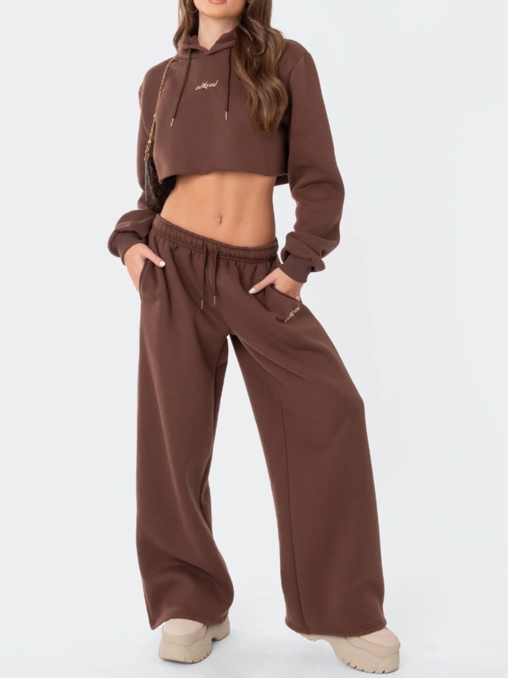 Edikted Brown Brenna Low Rise Wide Sweatpants & Cropped Sweatshirt Set XS